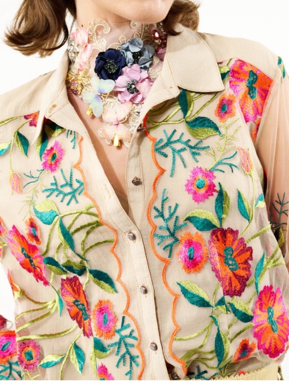 NWT Aratta Silenr Journey Top Tunic 3D Floral Embroidered Button-Down Shirt L/XL